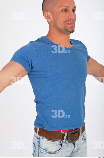 Upper body blue tshirt photo reference of Regelio