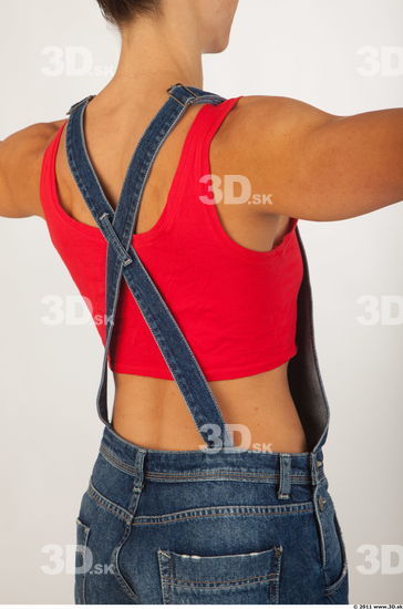 Upper body modeling pose blue jeans red singlet of Rebecca