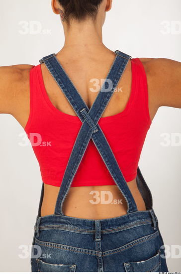 Upper body modeling pose blue jeans red singlet of Rebecca