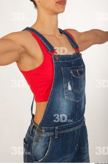 Upper body modeling pose blue jeans red singlet of Rebecca