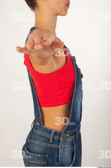 Upper body modeling pose blue jeans red singlet of Rebecca