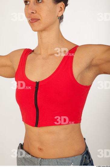 Upper body red singlet of Rebecca