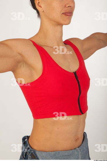 Upper body red singlet of Rebecca