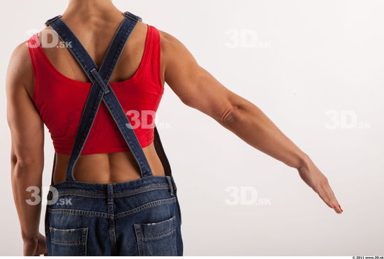 Arm moving blue jeans red singlet of Rebecca