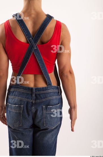 Arm moving blue jeans red singlet of Rebecca