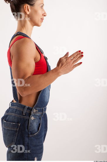 Arm moving blue jeans red singlet of Rebecca