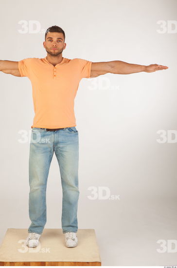 Whole body orange tshirt light blue jeans modeling t pose of Harold