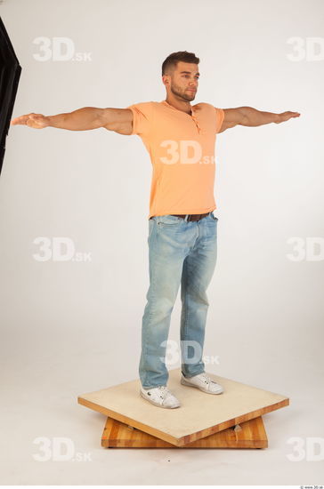 Whole body orange tshirt light blue jeans modeling t pose of Harold