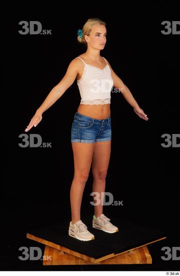 Whole Body Woman White Jeans Shorts Slim Standing Top Studio photo references