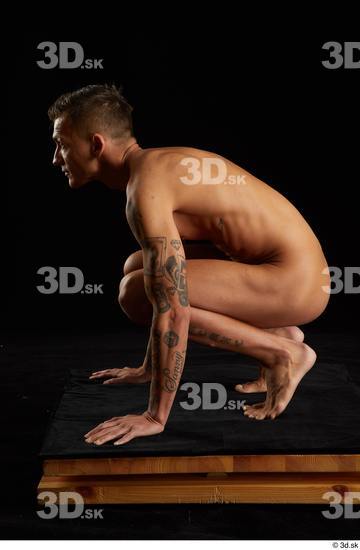 Whole Body Man White Tattoo Nude Athletic Kneeling Studio photo references