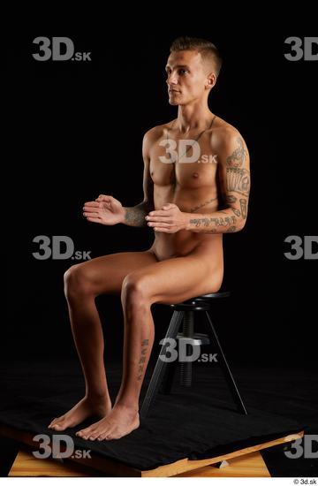 Whole Body Man White Tattoo Nude Athletic Sitting Studio photo references