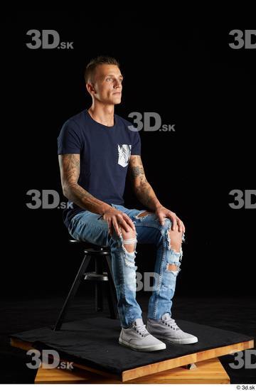 Whole Body Man White Shirt Jeans Athletic Sitting Studio photo references