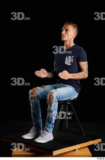 Whole Body Man White Shirt Jeans Athletic Sitting Studio photo references