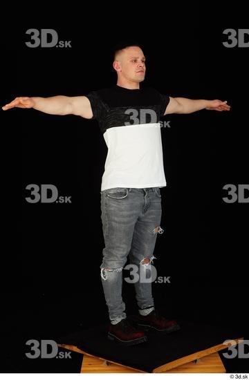 Whole Body Man T poses White Shoes Shirt T shirt Jeans Average Standing Studio photo references