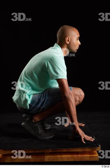 Whole Body Man Black Slim Kneeling Studio photo references