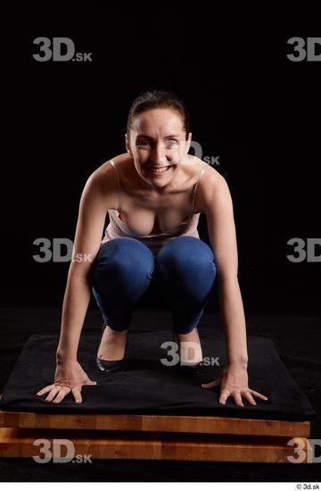 Whole Body Woman White Jeans Average Kneeling Top Studio photo references