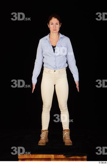 Whole Body Woman White Casual Shirt Jeans Slim Pregnant Standing Studio photo references