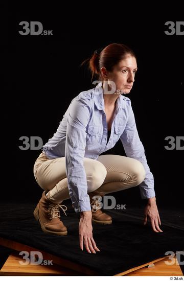 Whole Body Woman White Casual Shirt Jeans Slim Pregnant Kneeling Studio photo references