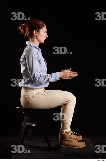 Whole Body Woman White Casual Shirt Jeans Slim Pregnant Kneeling Studio photo references