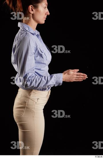 Whole Body Woman White Casual Shirt Jeans Slim Pregnant Kneeling Studio photo references