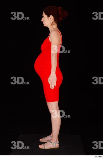 Whole Body Woman White Casual Dress Pregnant Standing Studio photo references