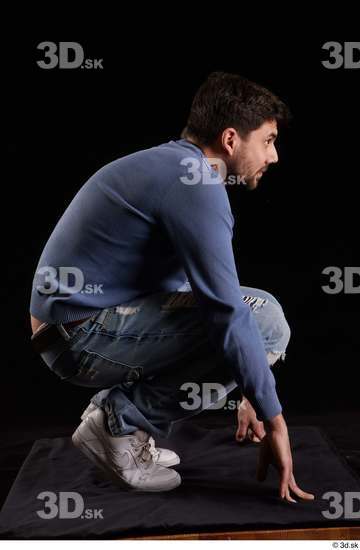 Whole Body Man White Sweatshirt Jeans Slim Kneeling Studio photo references