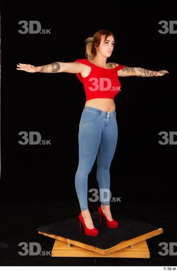 Daisy Lee blue jeans casual dressed red high heels red top standing t poses whole body  jpg