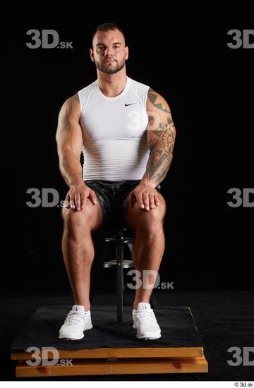 Whole Body Man White Sports Shorts Muscular Sitting Top Studio photo references