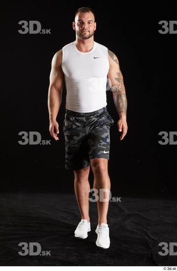 Whole Body Man White Sports Shorts Muscular Walking Top Studio photo references