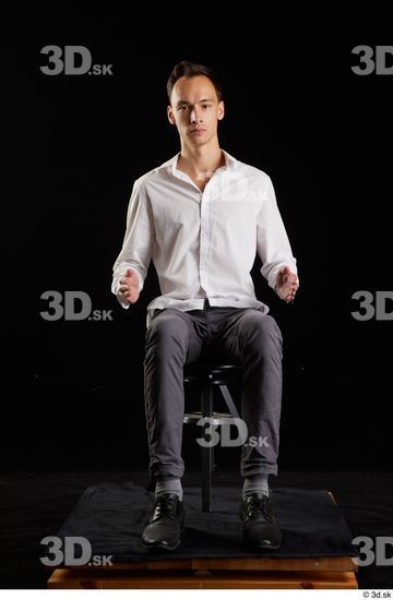 Whole Body Man White Shoes Shirt Trousers Slim Sitting Studio photo references