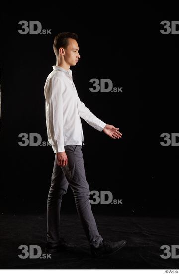 Whole Body Man White Shoes Shirt Trousers Slim Walking Studio photo references