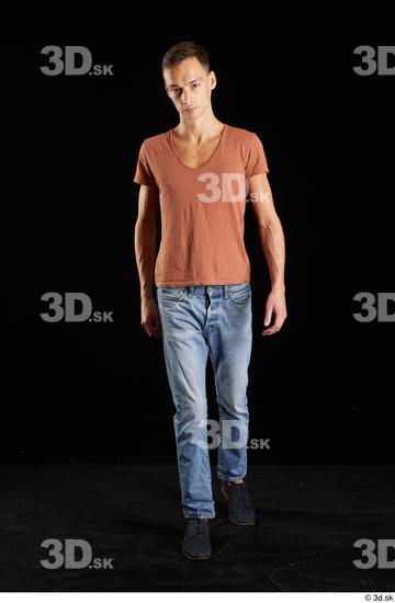 Alessandro Katz  black shoes blue jeans brown t shirt casual dressed front view walking whole body  jpg