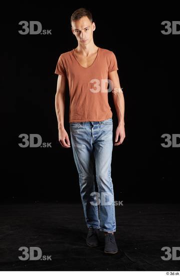 Alessandro Katz  black shoes blue jeans brown t shirt casual dressed front view walking whole body  jpg