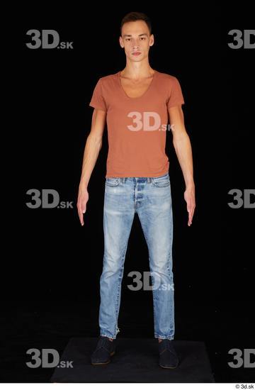 Whole Body Man Casual Shoes Shirt Jeans Slim Standing Studio photo references