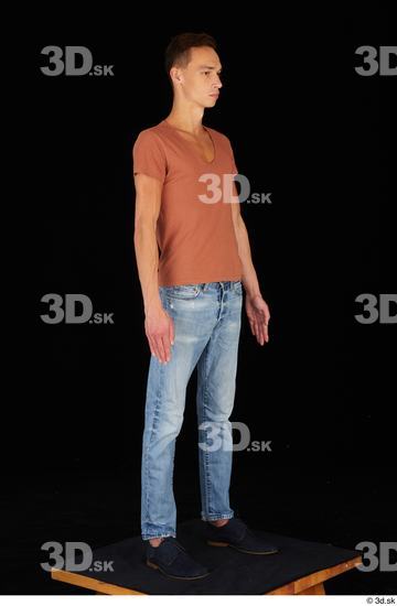 Whole Body Man Casual Shoes Shirt Jeans Slim Standing Studio photo references