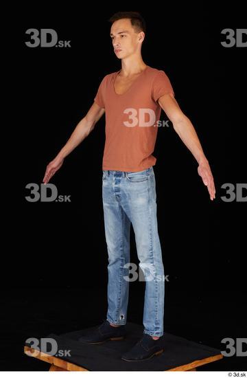 Whole Body Man Casual Shoes Shirt Jeans Slim Standing Studio photo references