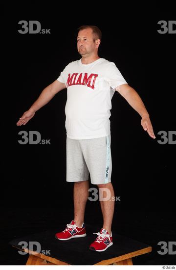 Whole Body Man White Sports Shirt Shorts Chubby Standing Studio photo references