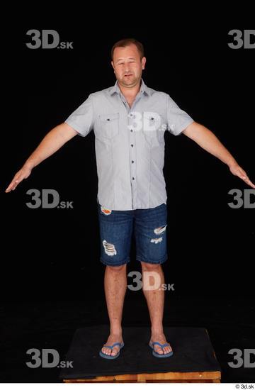 Whole Body Man White Casual Shirt Jeans Shorts Chubby Standing Studio photo references