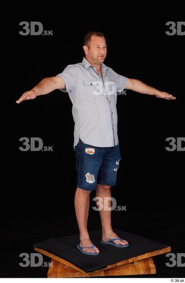Whole Body Man White Casual Shirt Jeans Shorts Chubby Standing Studio photo references