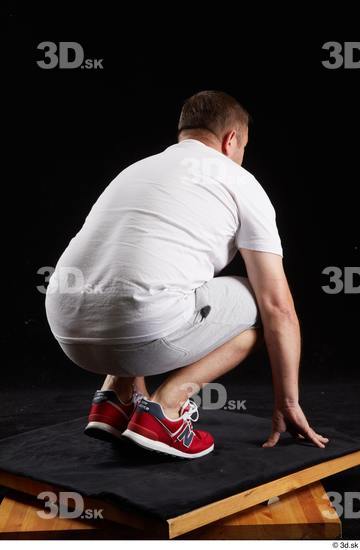 Whole Body Man White Sports Shirt Shorts Chubby Kneeling Studio photo references