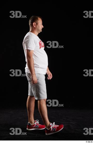 Whole Body Man White Sports Shirt Shorts Chubby Walking Studio photo references