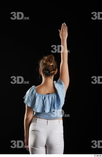 Serina Gomez  arm back view blue carmen shirt casual dressed flexing  jpg