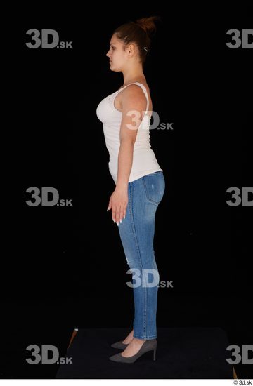 Serina Gomez blue jeans casual dressed grey high heels standing white top whole body  jpg