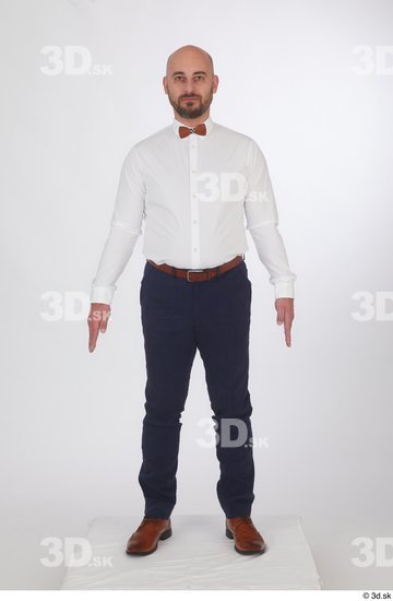 Neeo blue trousers brown oxford shoes business dressed red bow tie standing white shirt whole body  jpg