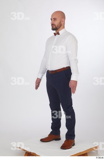 Neeo blue trousers brown oxford shoes business dressed red bow tie standing white shirt whole body  jpg