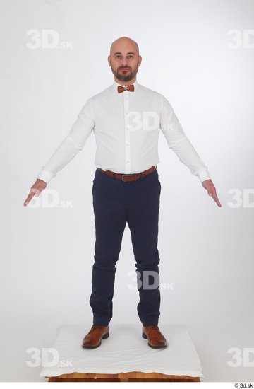 Neeo blue trousers brown oxford shoes business dressed red bow tie standing white shirt whole body  jpg