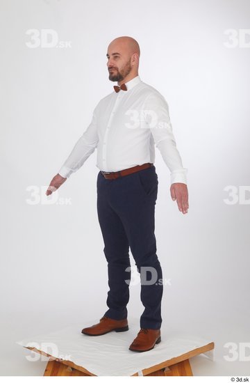 Neeo blue trousers brown oxford shoes business dressed red bow tie standing white shirt whole body  jpg