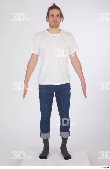 Whole Body Man White Casual Shirt Jeans Slim Standing Studio photo references