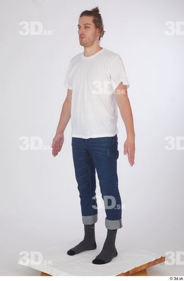 Whole Body Man White Casual Shirt Jeans Slim Standing Studio photo references