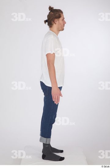 Whole Body Man White Casual Shirt Jeans Slim Standing Studio photo references